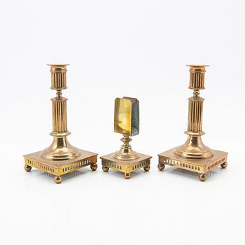 Candelsticks, a pair, and a match holder, Torshammars Bruk, late 19th century/early 20th century.