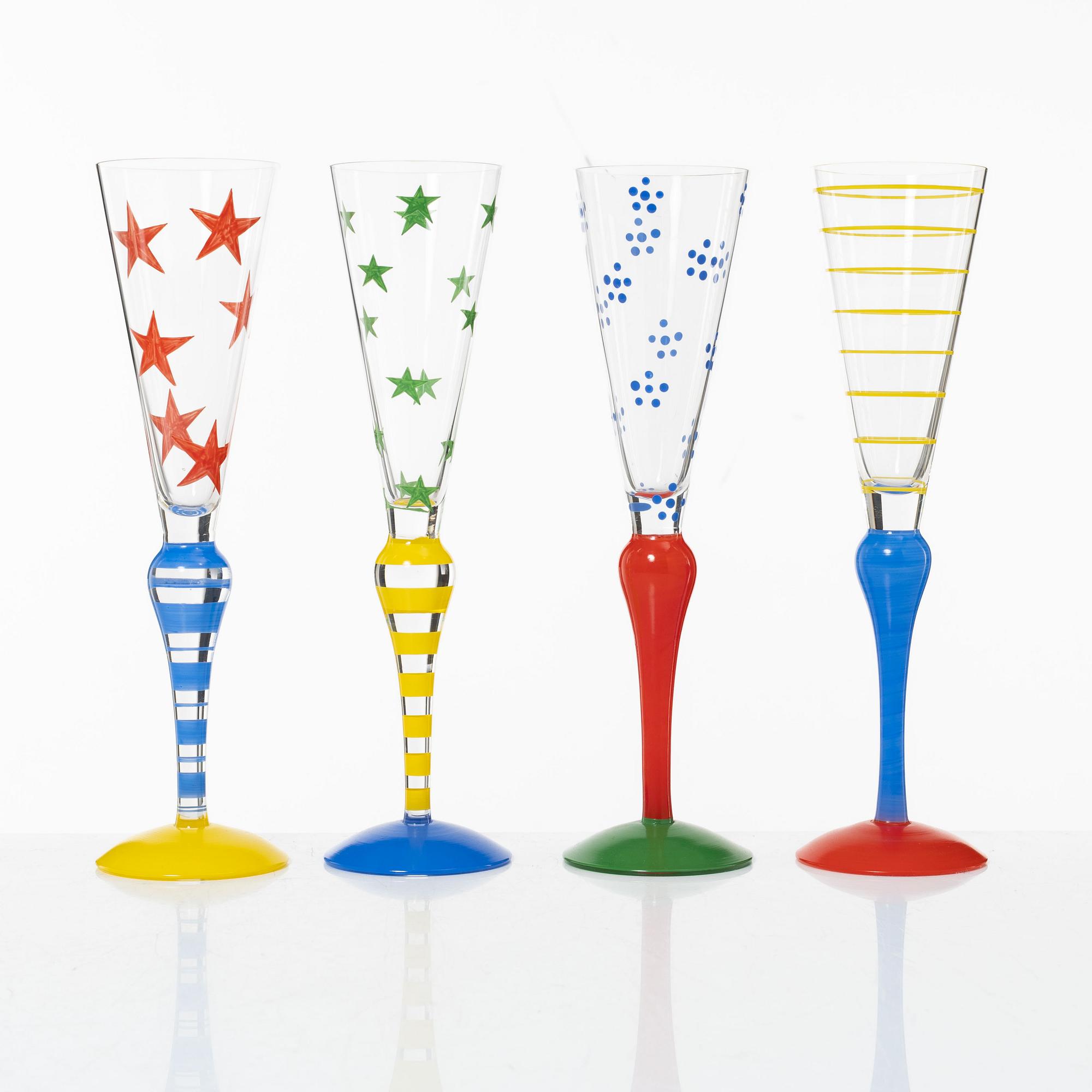 Anne Nilsson, a set of four 'Clown' champagne glasses, Orrefors.