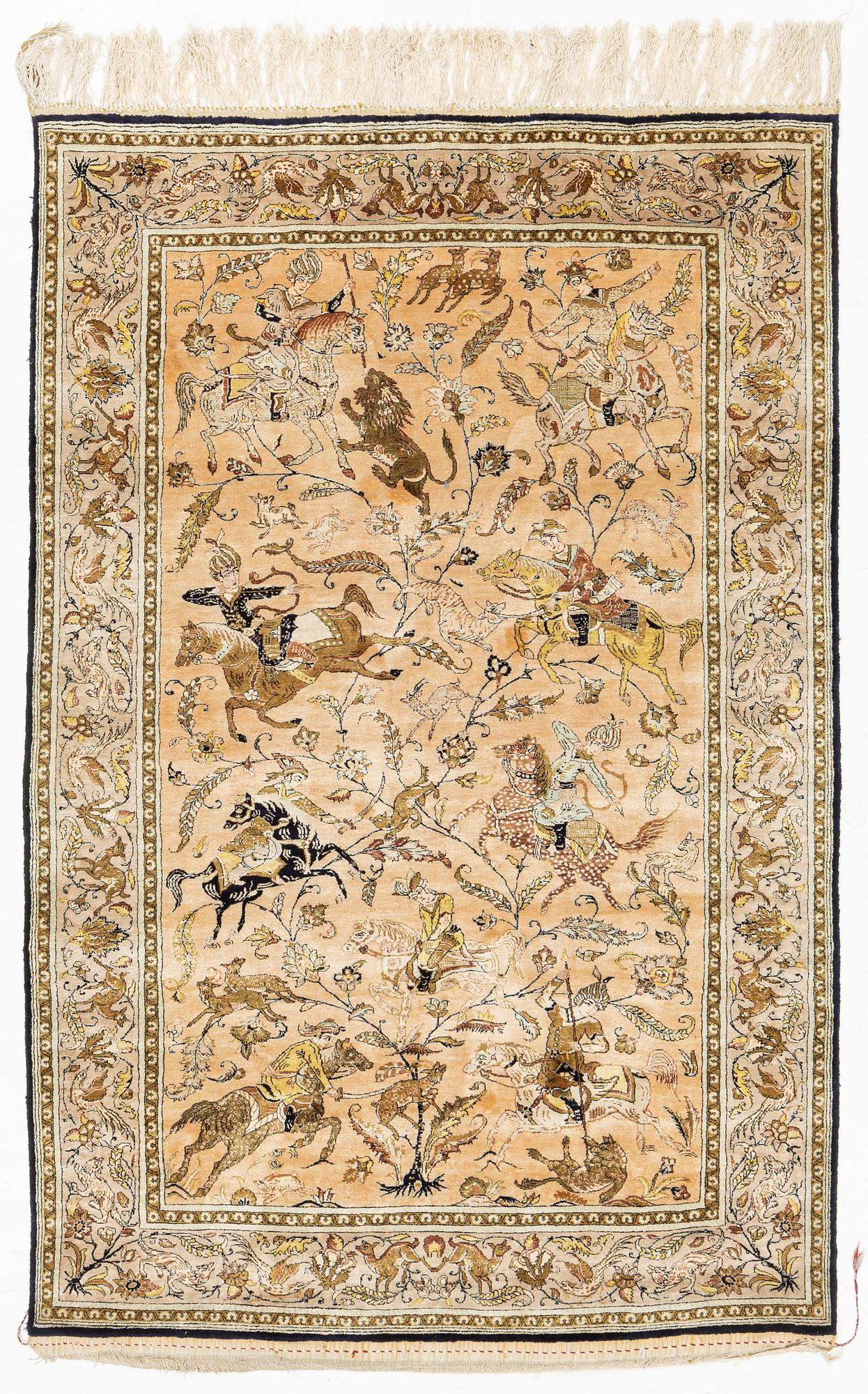 Rug, silk Gohm, old, c. 205 x 135 cm.