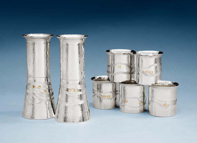 A set of Rolf Karlsson sterling pair of vases and five beakers with gold details, Grillby 1988.