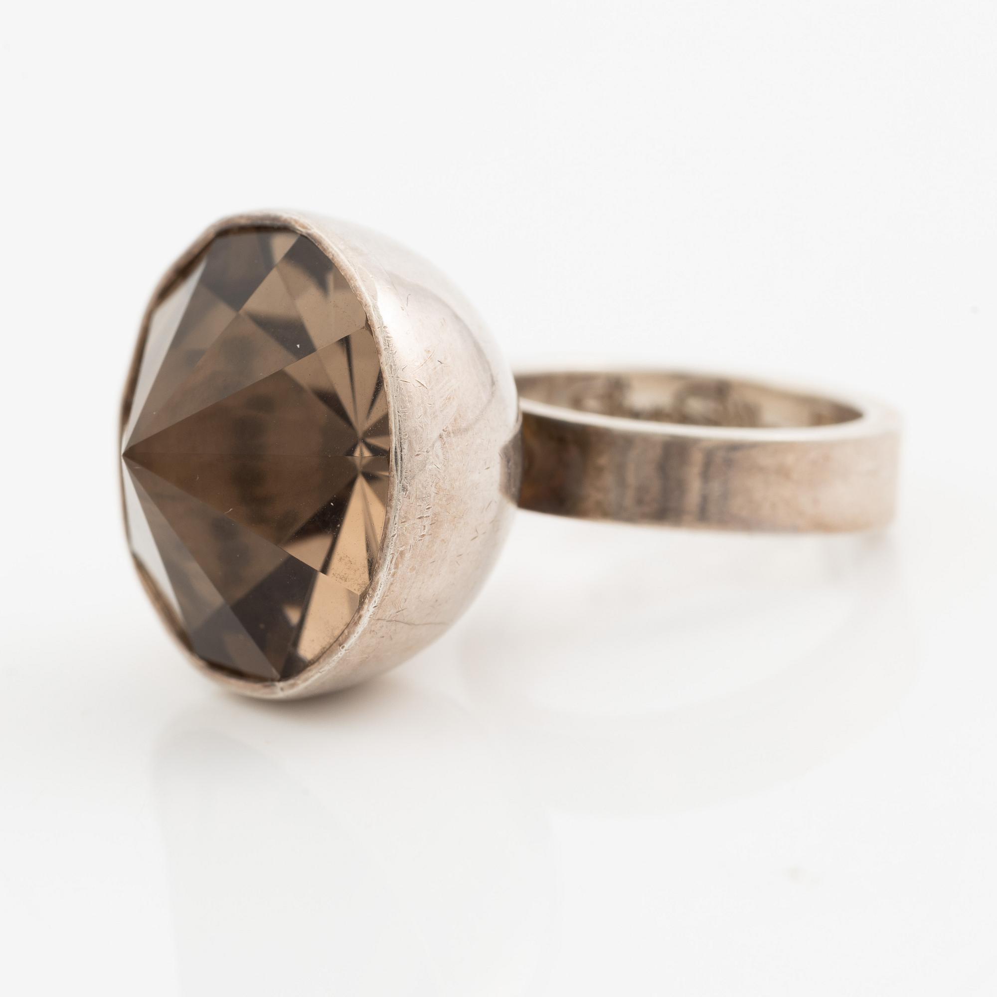 Birger Pellas, ring, sterling silver with cabochon-cut brown stone, likely smoky quartz, Malmö 1964.
