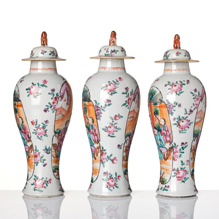 A three-piece famille rose garniture, Qing dynasty, Qianlong (1736-95).