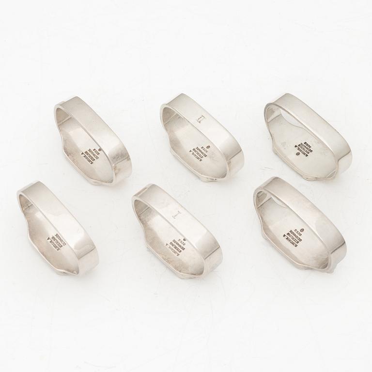 Erik Sjødahl Andersen, servettringar, 6 st, sterlingsilver, Danmark, 1900-talets senare del.