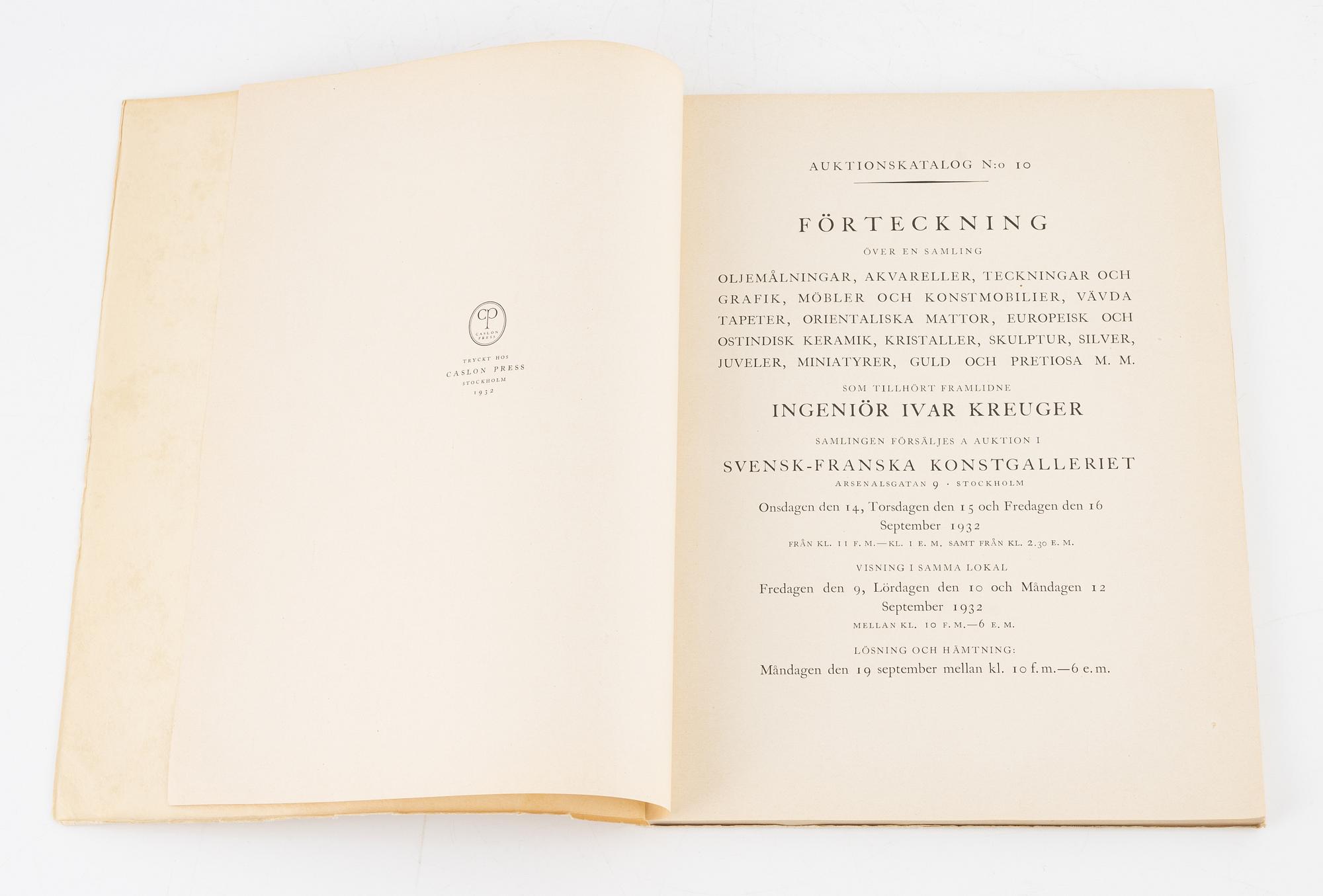 Sale catalogues of Ivar Kreuger.