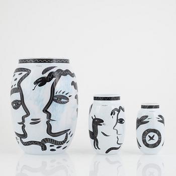 Ulrica Hydman-Vallien, a group of three glass vases, Kosta Boda.