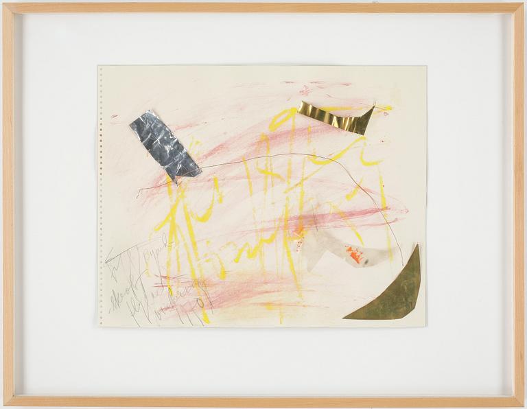 EDDIE FIGGE, collage, krita/folie, "Rymdskrot", signerad och daterad 1970.