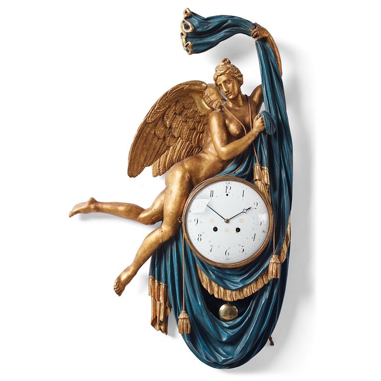 A Swedish Empire early 19th century gilt wood wall clock.