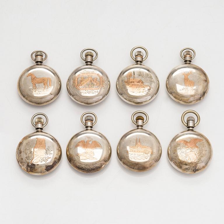 Kokoelma taskukelloja, 16 kpl, hopeaa.