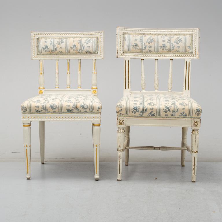 Eight chairs (6+2), late gustavian and late gustavian style, 19th century and ca 1900.