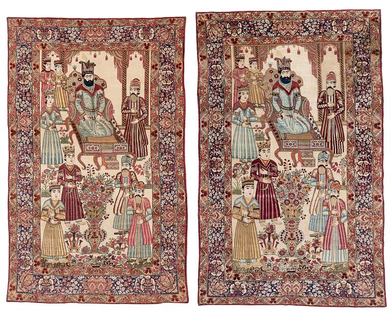 A pair of antique Kerman Raver rugs, c 215-220 x 135-139 cm.