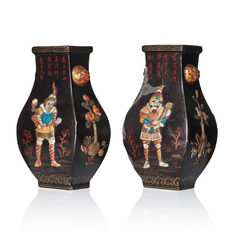 A pair of hardstone embellished vases, mid Qing dynasty.