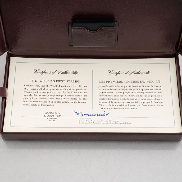 Franklin Mint, frimärksavbildningar, 73 st, förgyllt silver, "The world's first stamps", 1979.