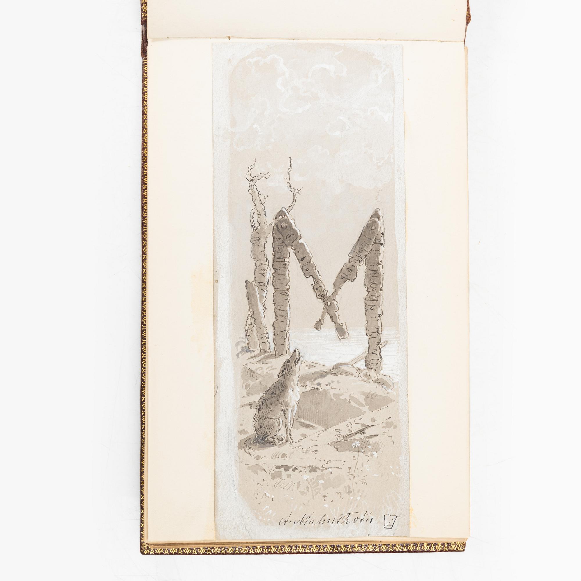 Album with among other things 16 pieces of watercolours and drawings by Swedish artists.