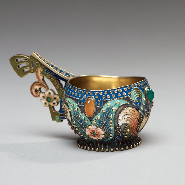 A Russian early 20th century silver-gilt and enamel kovsh, makers mark of Fedor Rückert, Moscow 1899-1908.