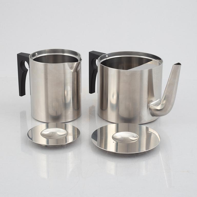 Arne Jacobsen, a 100-year jubilee "Cylinda" stainless steel tea set and a book, Stelton, Denmark, 2002.