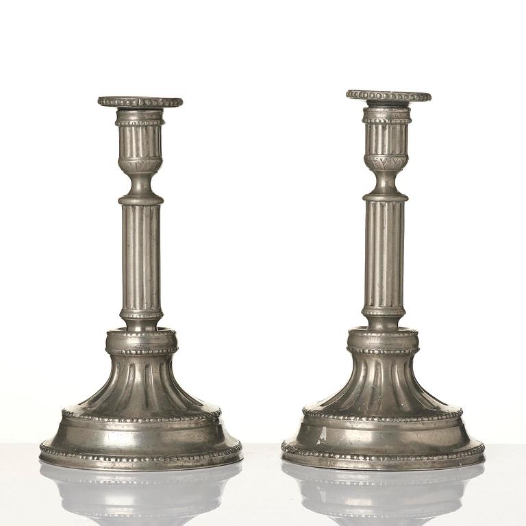 A pair of Gustavian pewter candlesticks by P. Gillman, Stockholm 1786.