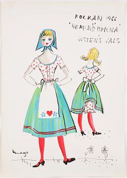 MAX GOLDSTEIN, dräktskisser, teckningar, blyertsskisser, tygprover, ca 30 st, vissa daterade o signerade.