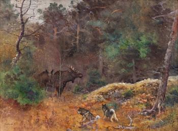Lindorm Liljefors, Forest landscape with moose and dogs.