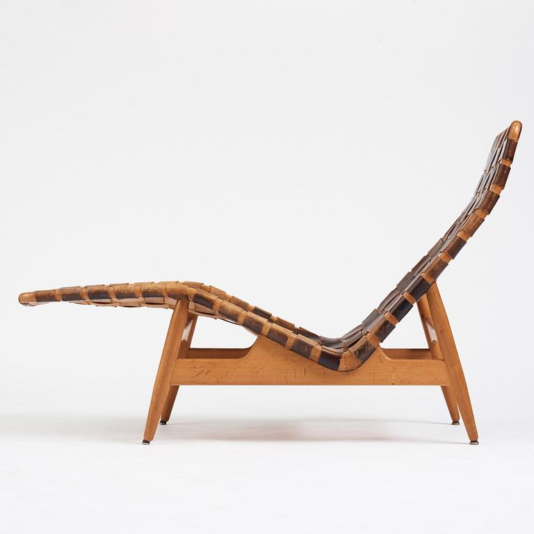 Arne Vodder, a teak chaise longue with black leather straps, Bovirke Denmark 1950's.