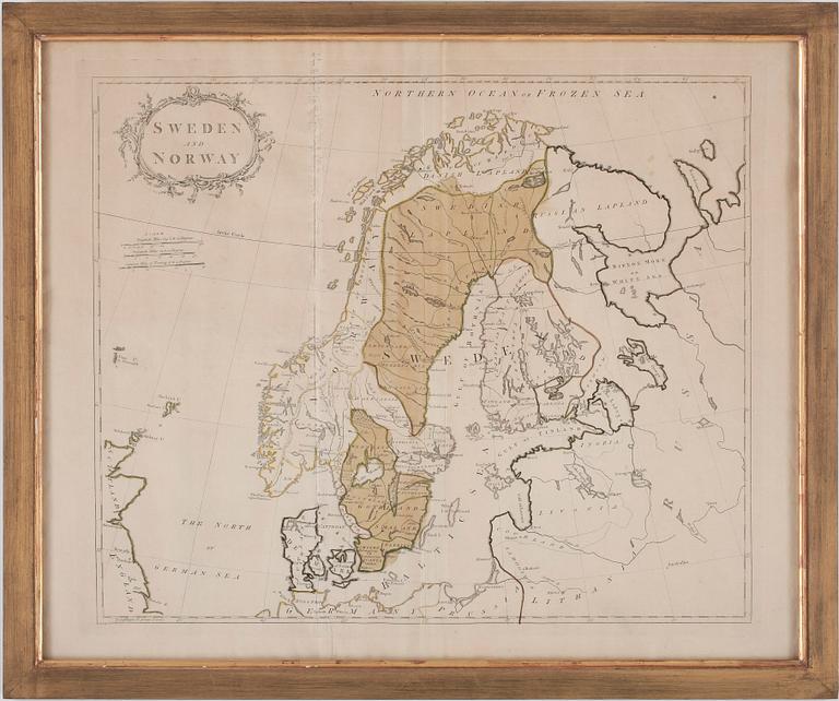 KARTA, kopparstick delvis handkolorerad, Sverige och Norge, England, 1700-tal.