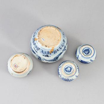 Four blue and white jars, presumably Ming dynasty (1368-1644).