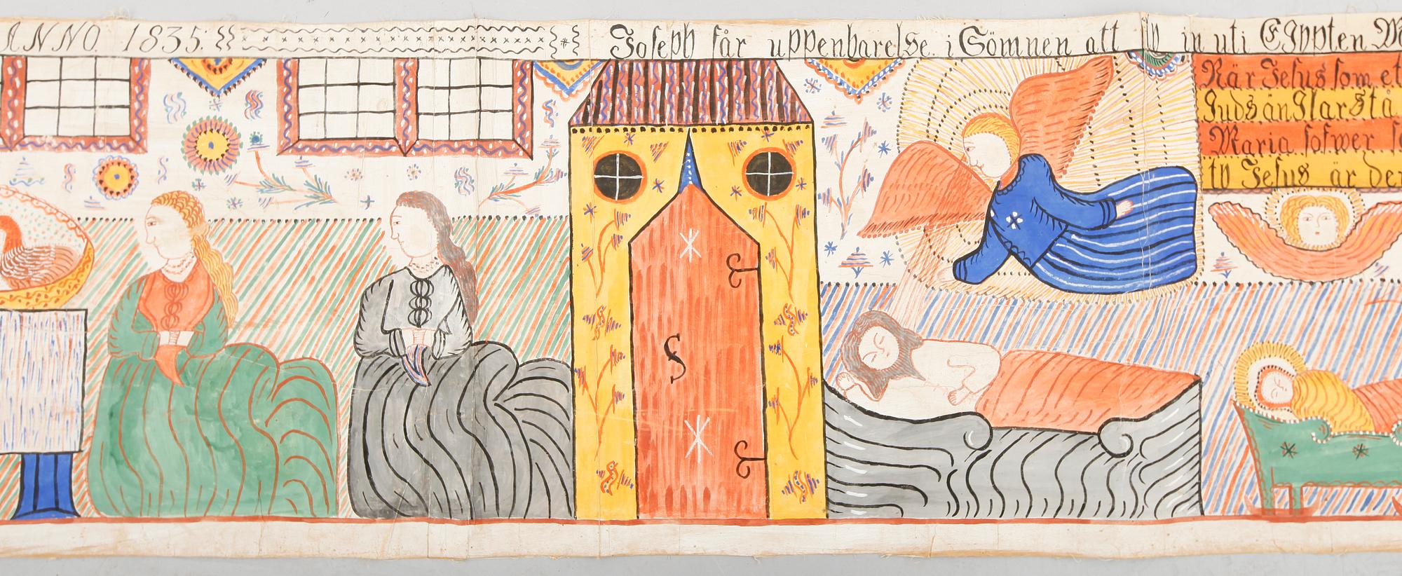 BONADSMÅLNING, papper klistrat på duk, märkt Anno 1835.