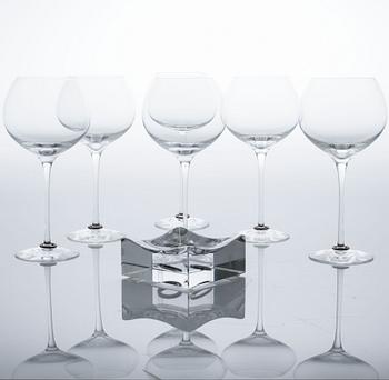 EFVA ATTLING, 6 st glas, "Amor Vincit Omina" samt skål, "Endless", glas och silver, Orrefors, omkring år 2000.