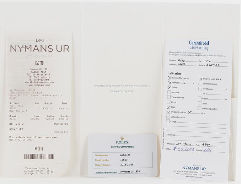ROLEX, Oyster Perpetual Date, Submariner (1000ft=300m, SWISS MADE), Chronometer, wristwatch, 40 mm.
