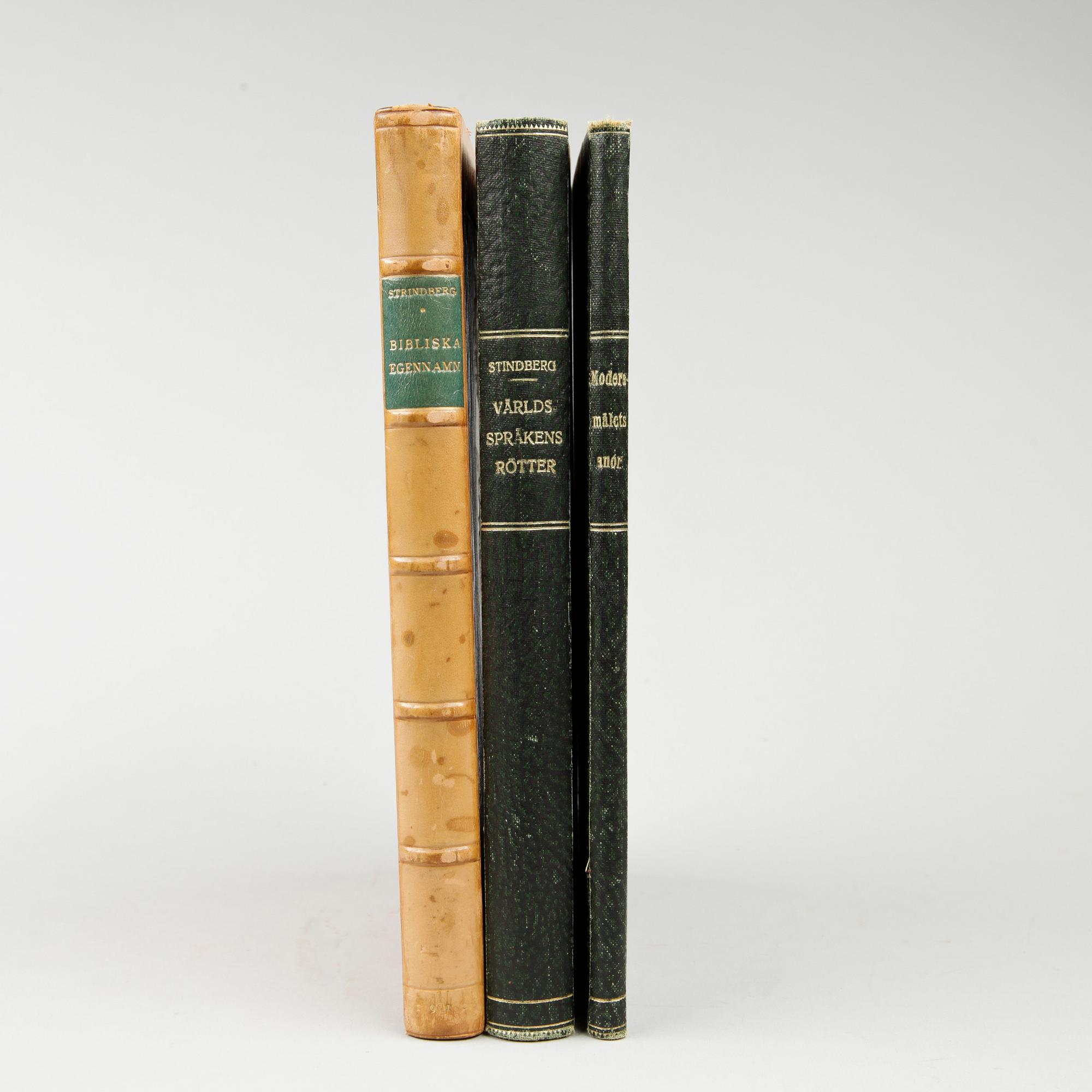 BÖCKER OM SPRÅK, 3 vol, bla "Bibliska egennamn med ordfränder i klassiska och lefvande språk" av August Strindberg, Stockholm 1910.