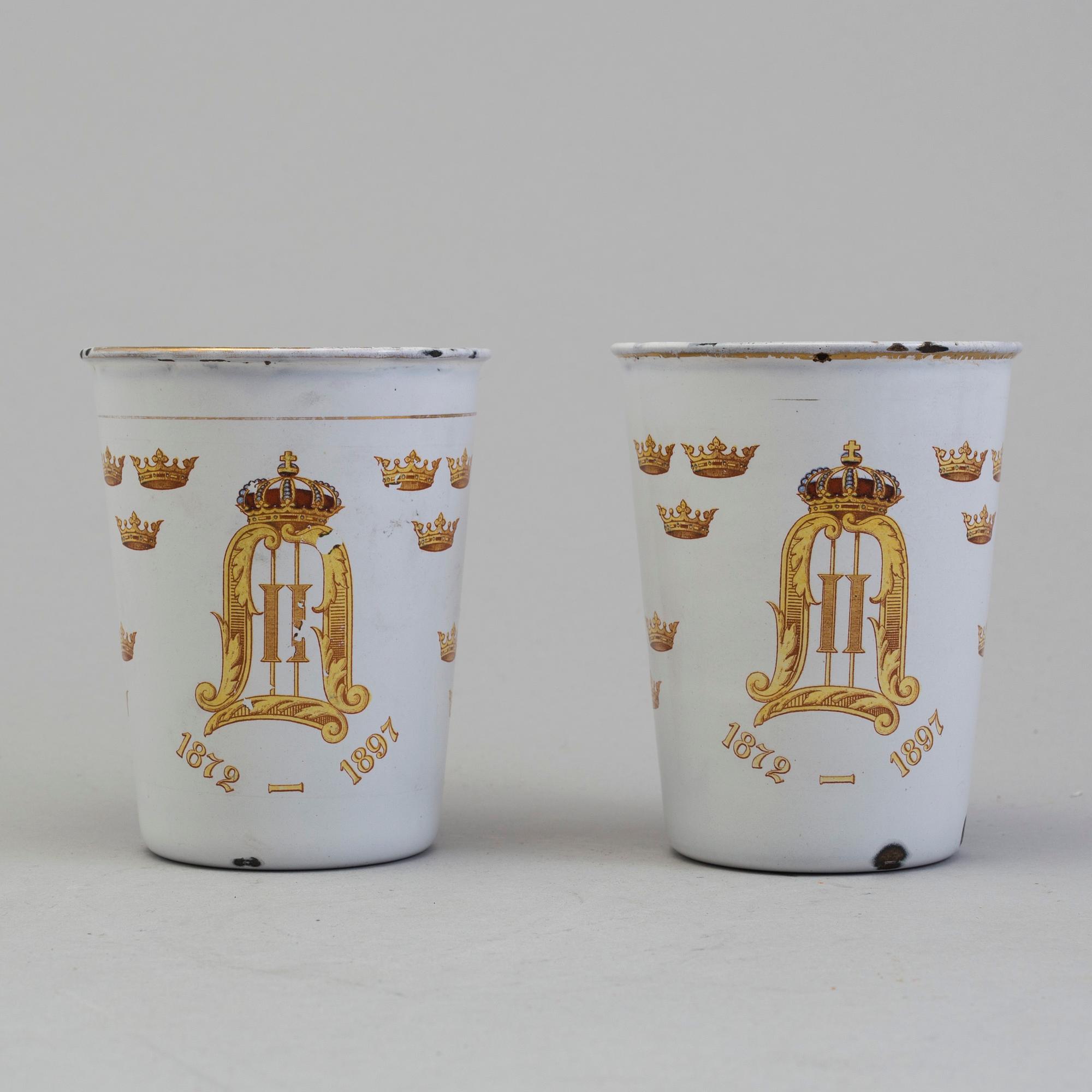 A pair memorial enamel cup in memory of Kin Oscar II's 25 years on the trone, 1872-1897, produced by Kockums.