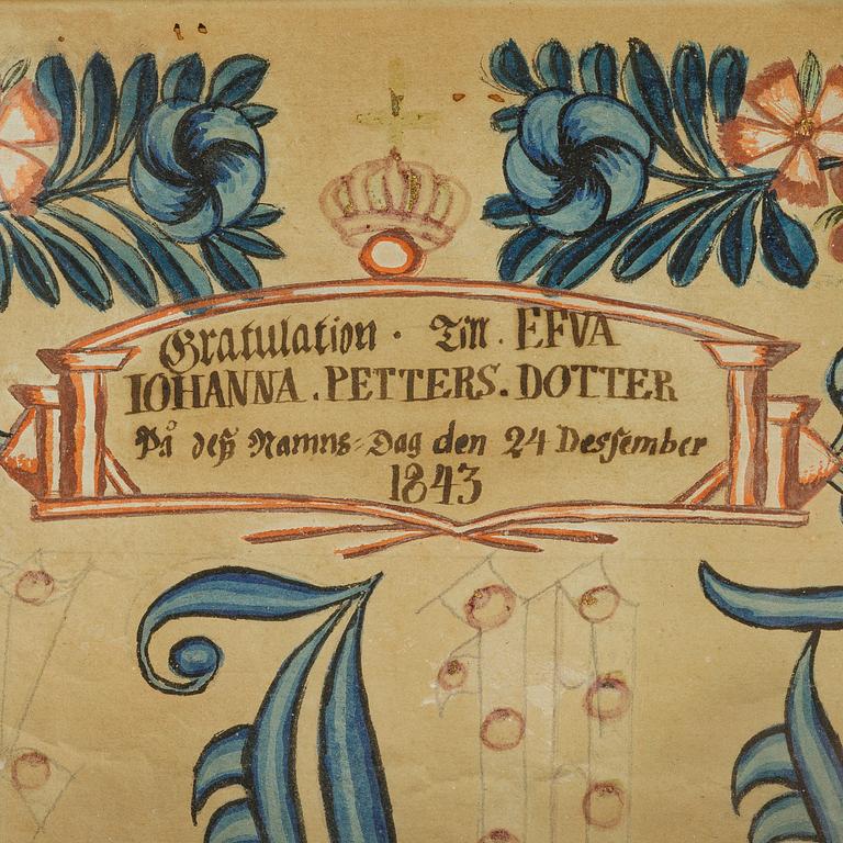 A set of three folk art commemorative paintings, 19th century.