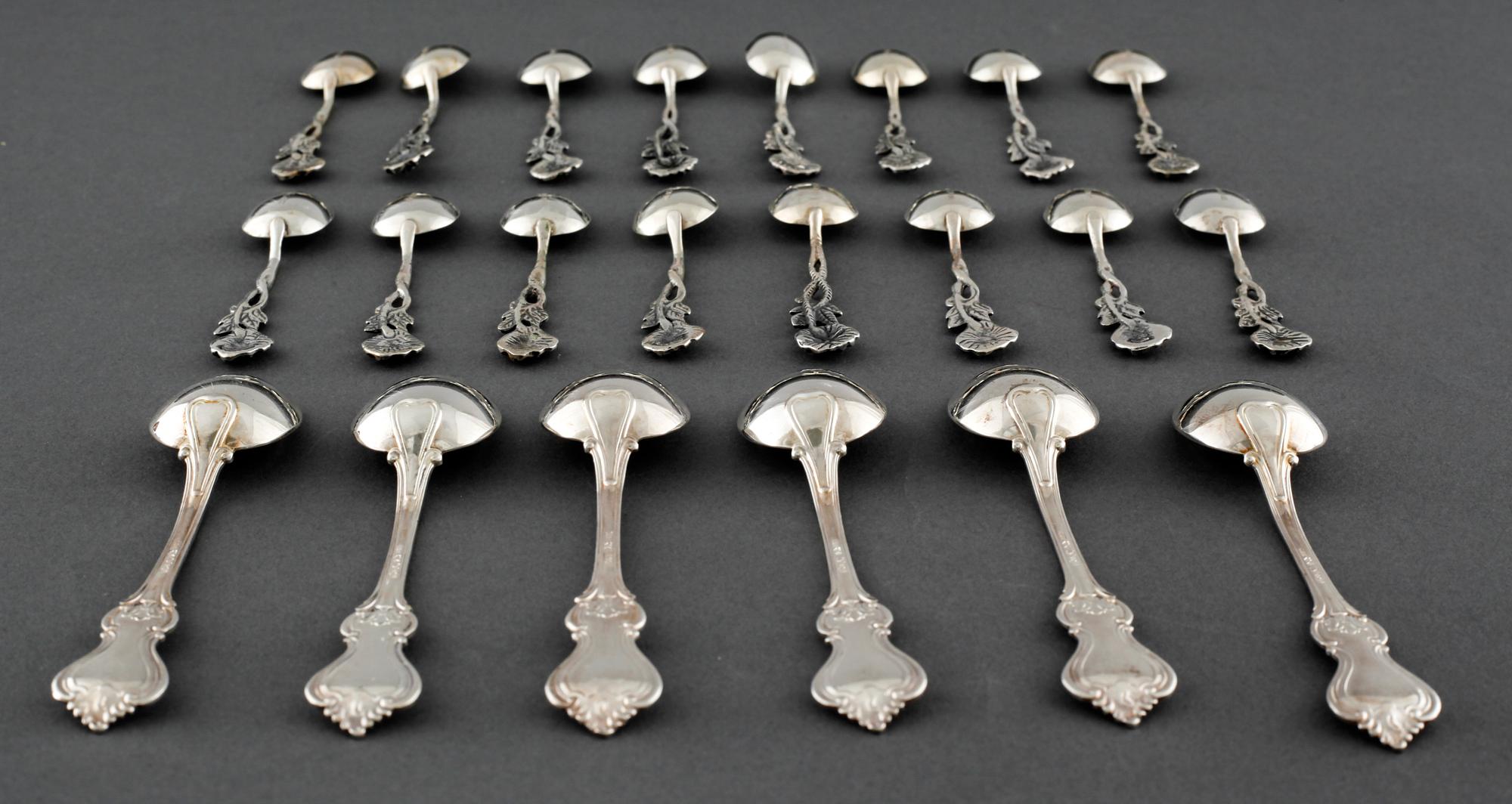 22 swedish silver spoons and one ladle, from the 19th and 20th century.
