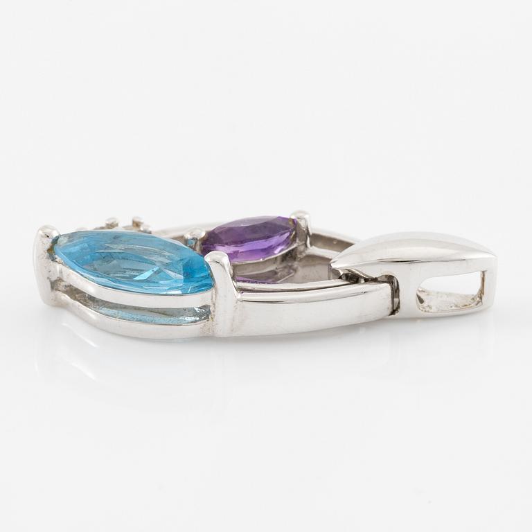 Pendant in 18K white gold with topaz, amethyst, and small brilliant-cut diamonds.