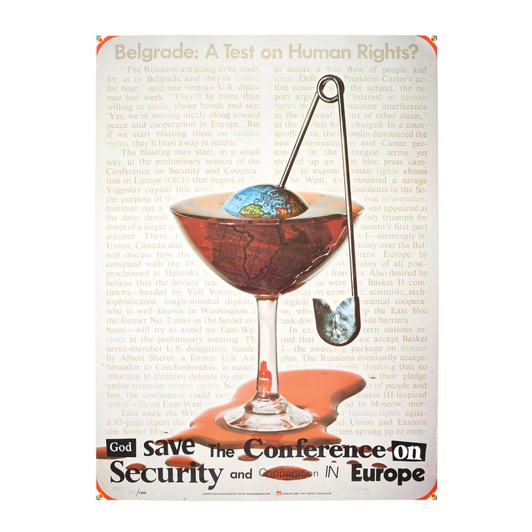 STURE JOHANNESSON, offset, affisch, på s.k. äggskalspapper, "Belgrade: A Test on Human Rights?", sign o dat 1977, numr 768/1000.
