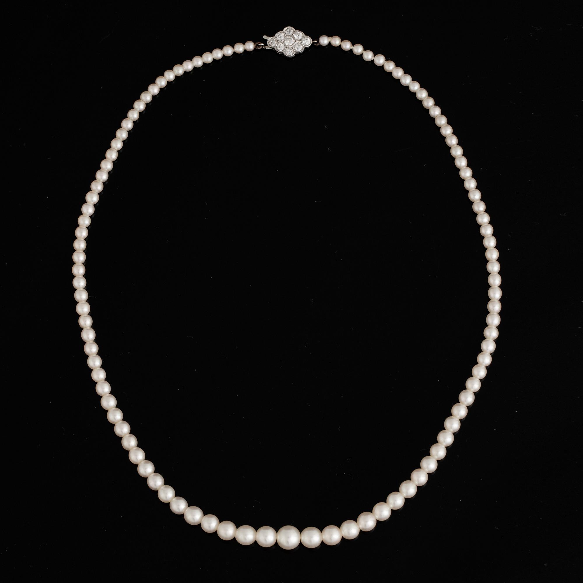 Pearl necklace, clasp platinum and old cut diamond.
