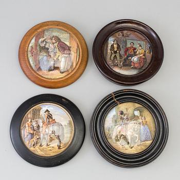 FOUR 19TH CENTURY ENGLISH PORCELAIN POT LIDS.