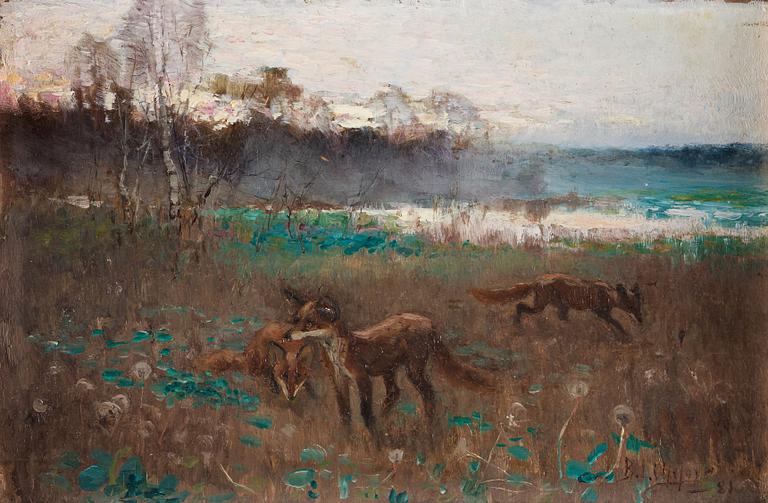 Bruno Liljefors, A dusk landscape with a family of foxes.