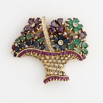 Brooch, flower basket, gold with rubies, sapphires, emeralds, and diamonds.