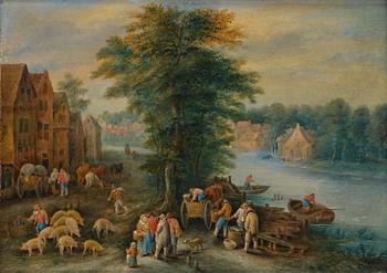 792. Theobald Michau, tillskriven, Landskap med figurer, tamdjur och båtar vid flod.