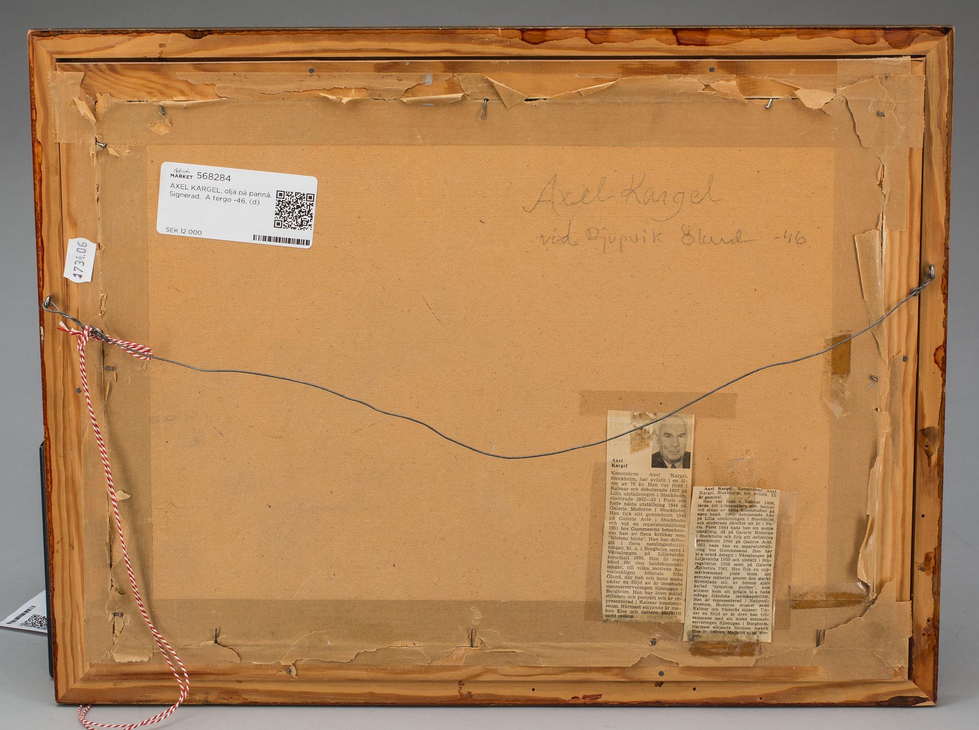 AXEL KARGEL, olja på pannå. Signerad.  A tergo -46.