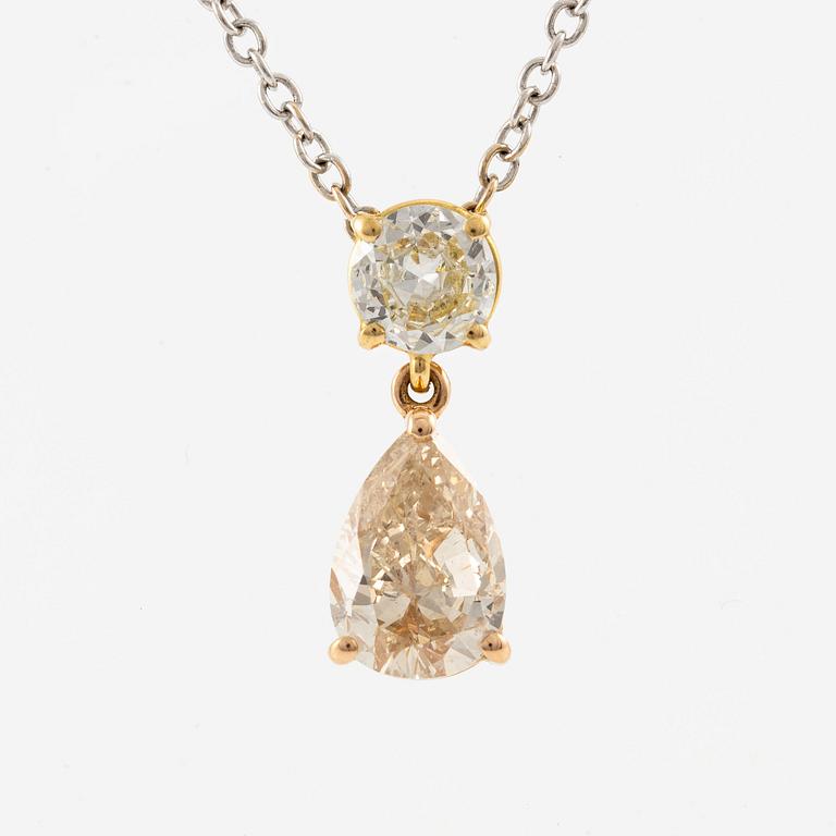 Necklace with a pear-shaped and round brilliant-cut diamond, accompanied by GIA report.