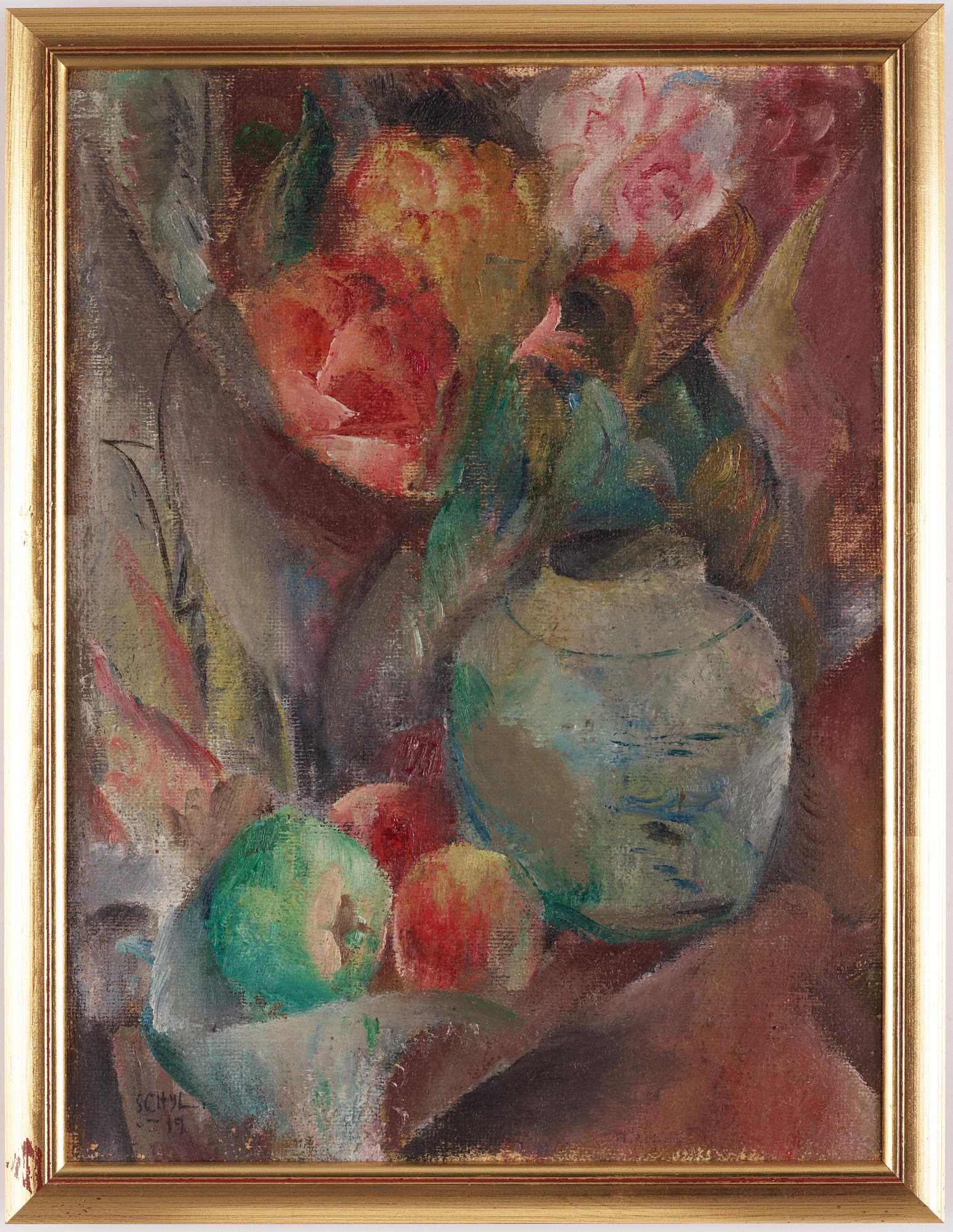 Jules Schyl, Stilleben med kruka och äpplen.