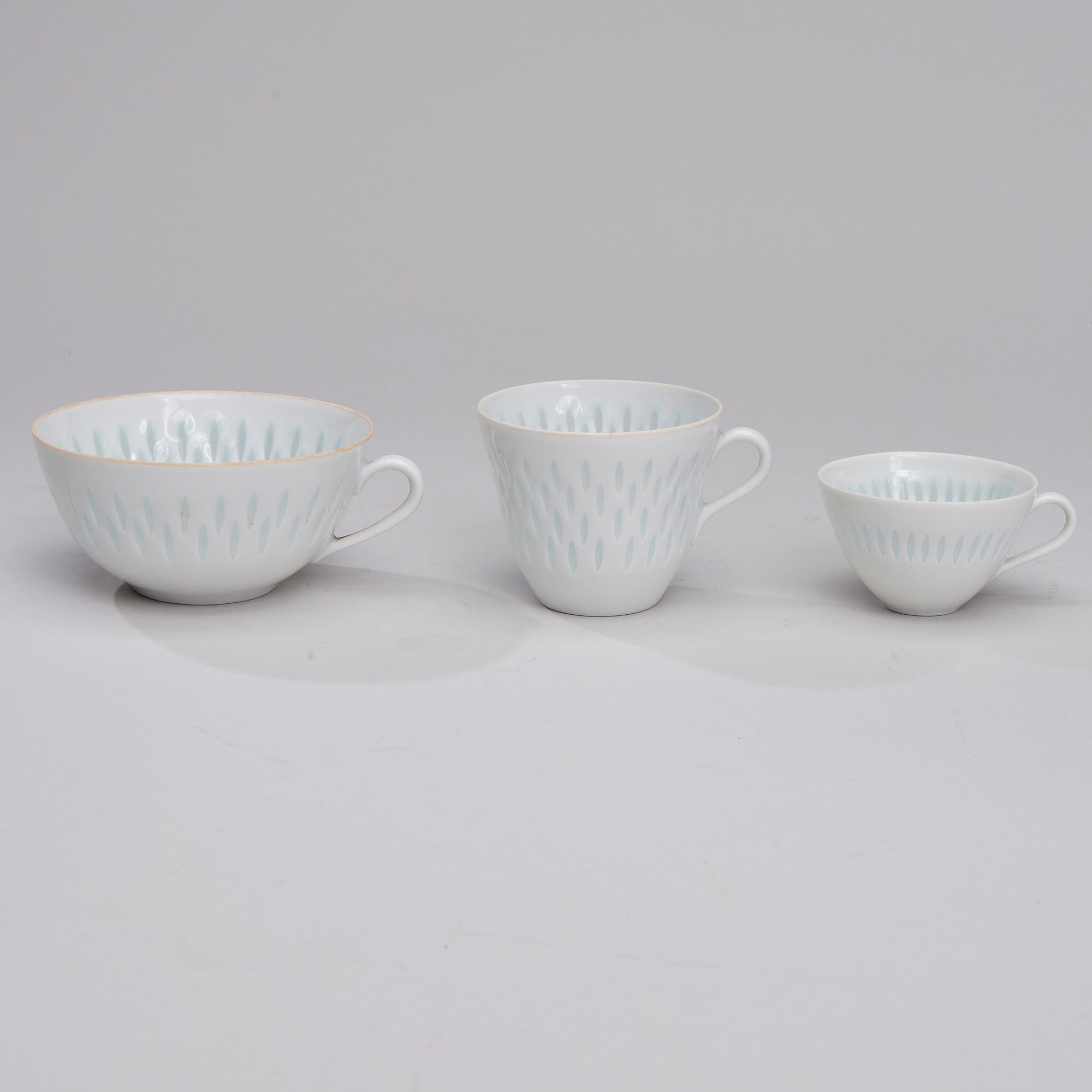 KAFFE-, TE- och MOCCASERVIS, 22 delar, risporslin, Friedl Holzer-Kjellberg, signerade i godset F.H.Kj. Arabia Finland.