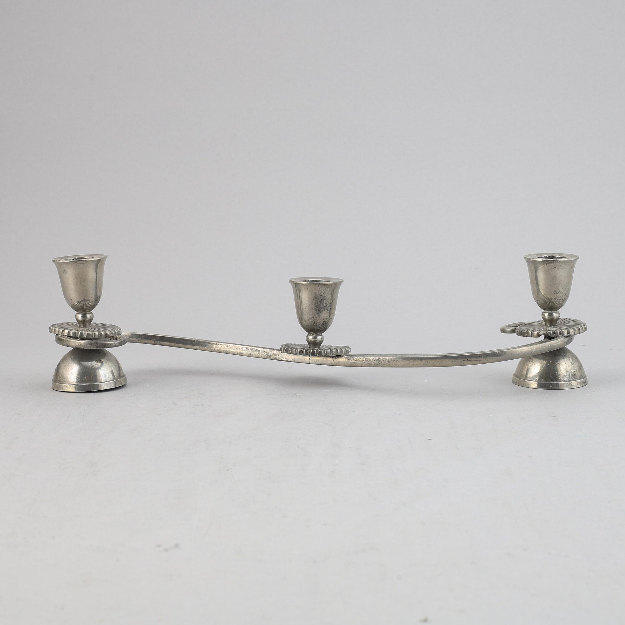 A three light pewter candelabrum, Just Andersen. Denmark.