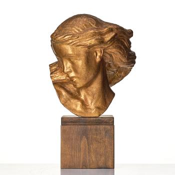 John Lundqvist, a gilt plaster sculpture of a young woman's head, dated 1933.