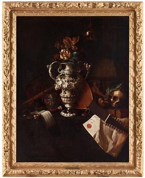 Pieter Gerritsz. van Roestraten, A vanitas still life with regalia, musical instruments, a reflecting imperial orb, a skull and bones and a charter group.