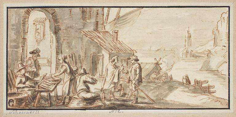 Mathys Schoevaerdts Circle of, Skaters near a Bakery and Townsfolk near a Fish Stall.