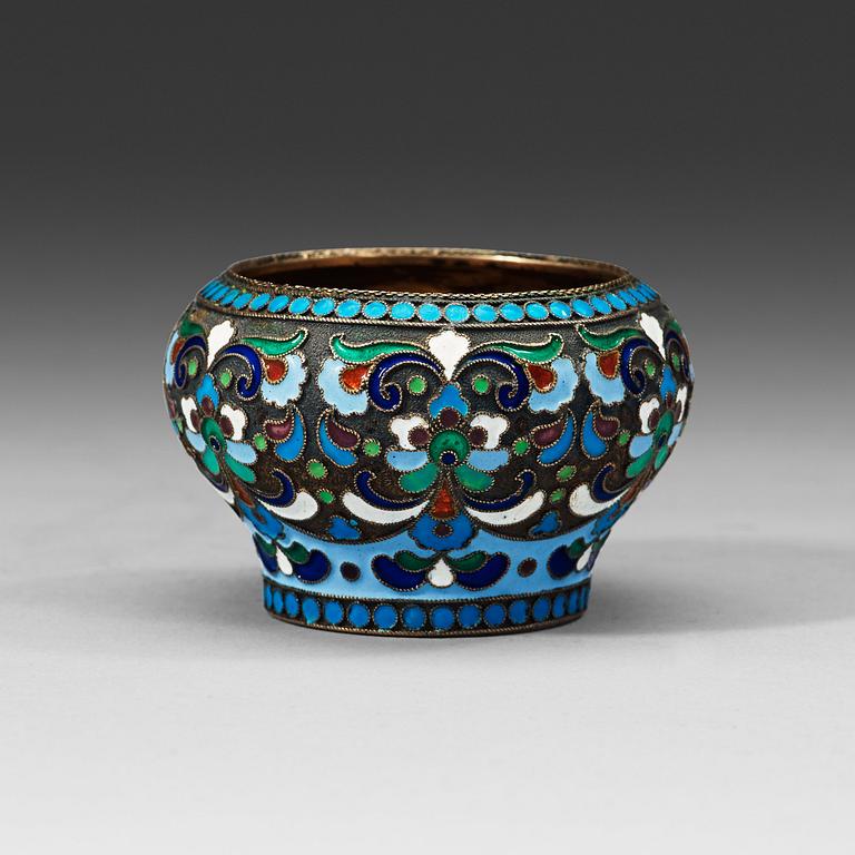 A Russian late 19th century silver-gilt and enamel salt, marks of Pyetr Baskakov, Moscow.