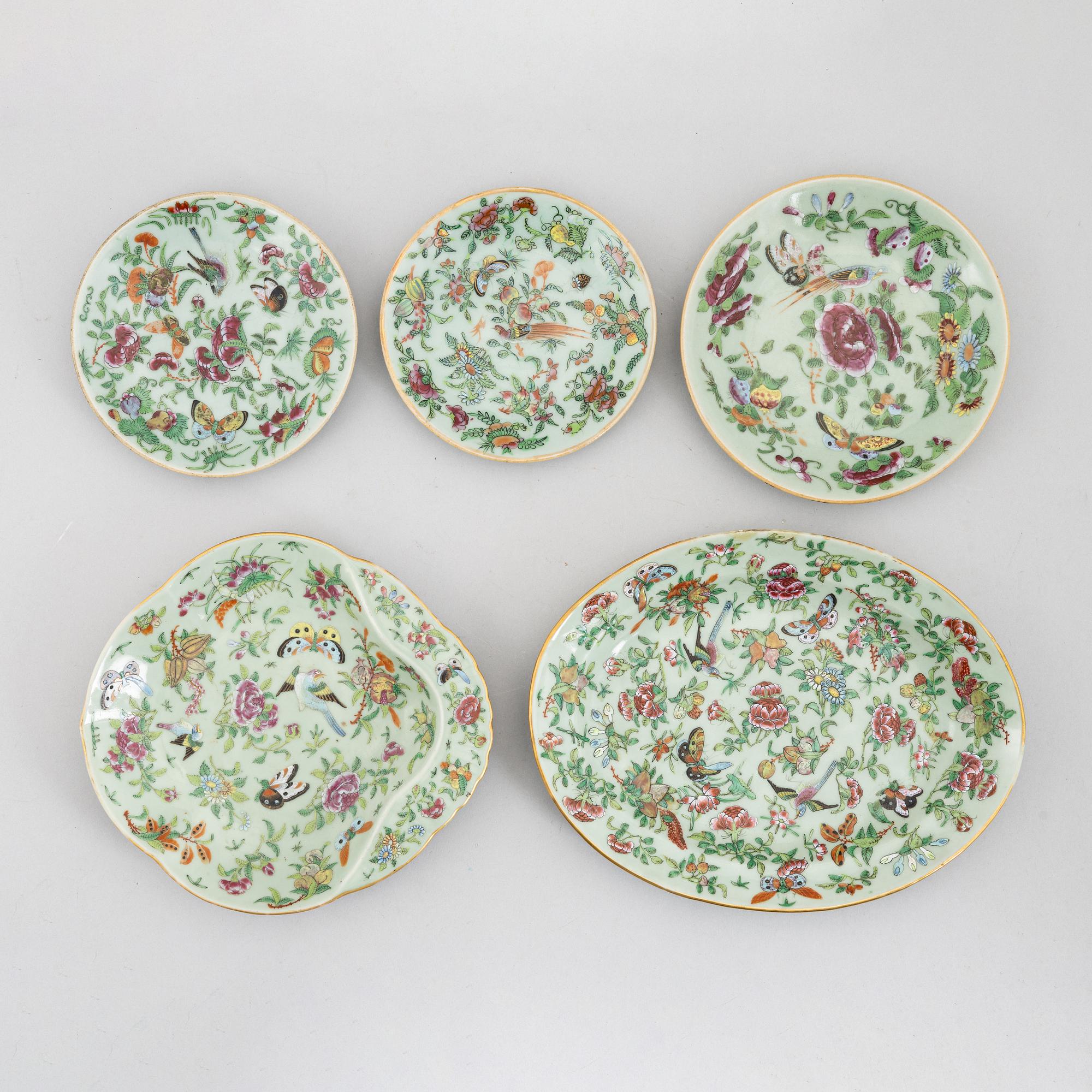 Five porcelain Canton plates and dishes, China, 19th century.