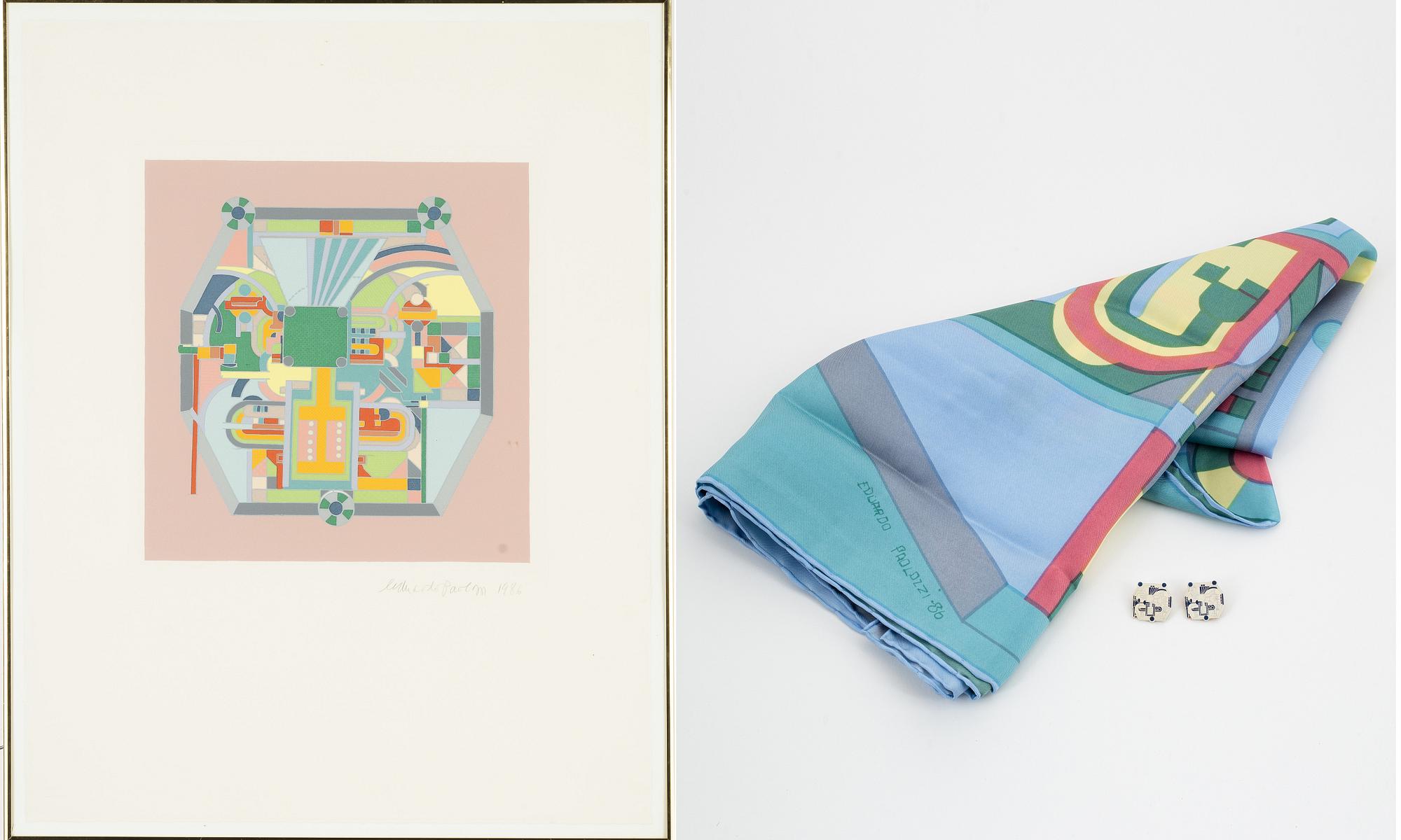 Eduardo Paolozzi, silkscreen in colours, 1986, signed and a scarf and brooches.